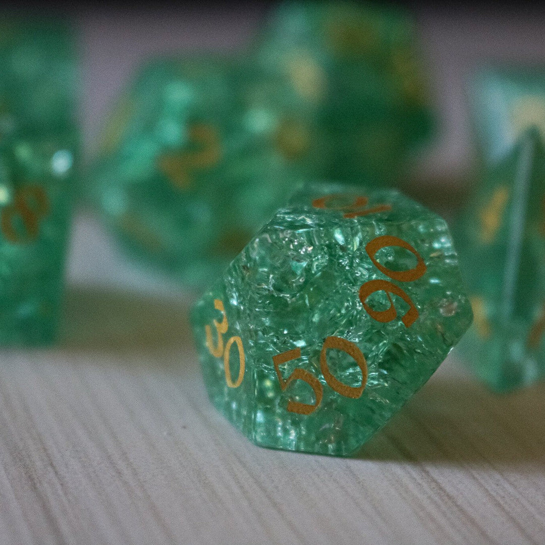 Green Lightning Glass Cracked Glass (And Box) Polyhedral Dice DND Set