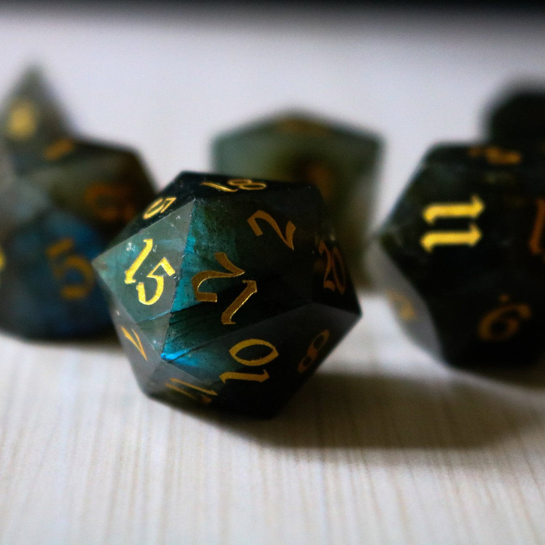 Labradorite Gemstone Dice (And Box) Polyhedral Dice DND Set