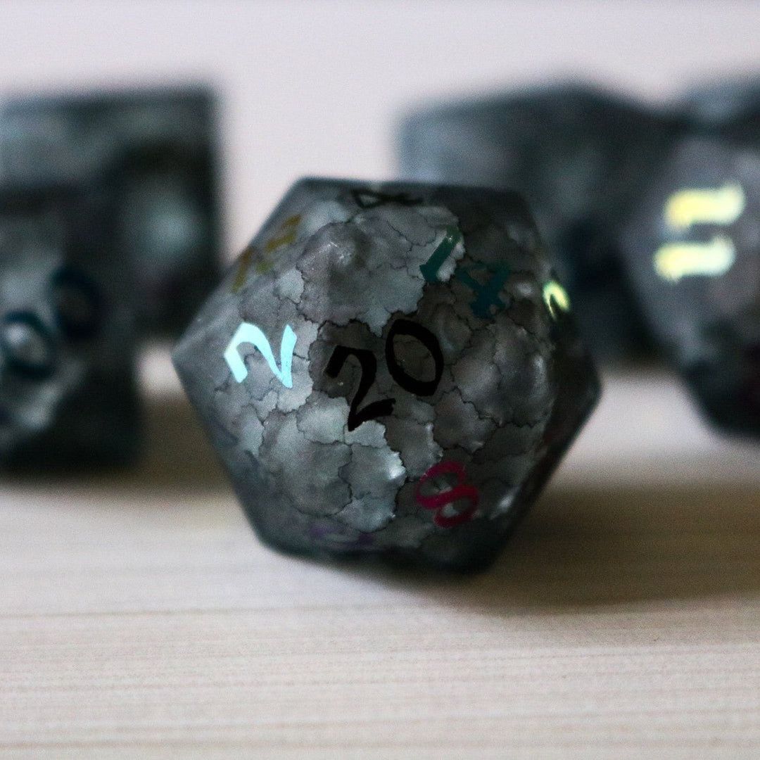 Black Inked Lightning Glass Cracked Glass (And Box) Polyhedral Dice DND Set