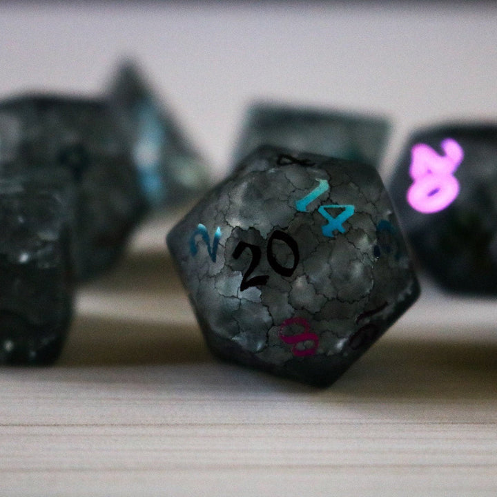 Black Inked Lightning Glass Cracked Glass (And Box) Polyhedral Dice DND Set