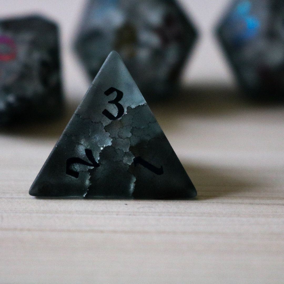 Black Inked Lightning Glass Cracked Glass (And Box) Polyhedral Dice DND Set