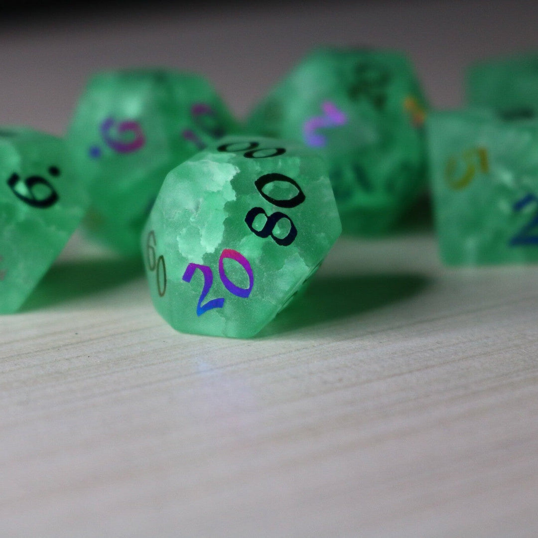 Green Mint Inked Lightning Glass Cracked Glass (And Box) Polyhedral Dice DND Set