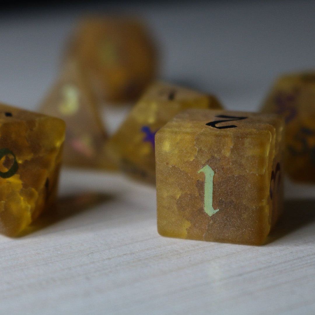 Orange Halloween Pumpkin Inked Lightning Glass Cracked Glass (And Box) Polyhedral Dice DND Set