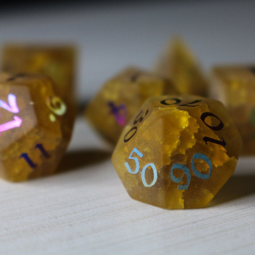 Orange Halloween Pumpkin Inked Lightning Glass Cracked Glass (And Box) Polyhedral Dice DND Set