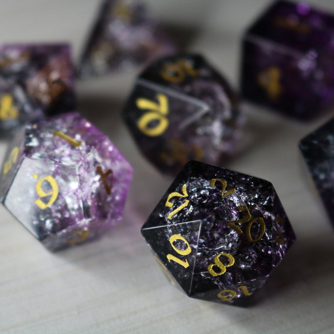 Purple Purge Forge Fire Glass (And Box) Polyhedral Dice DND Set