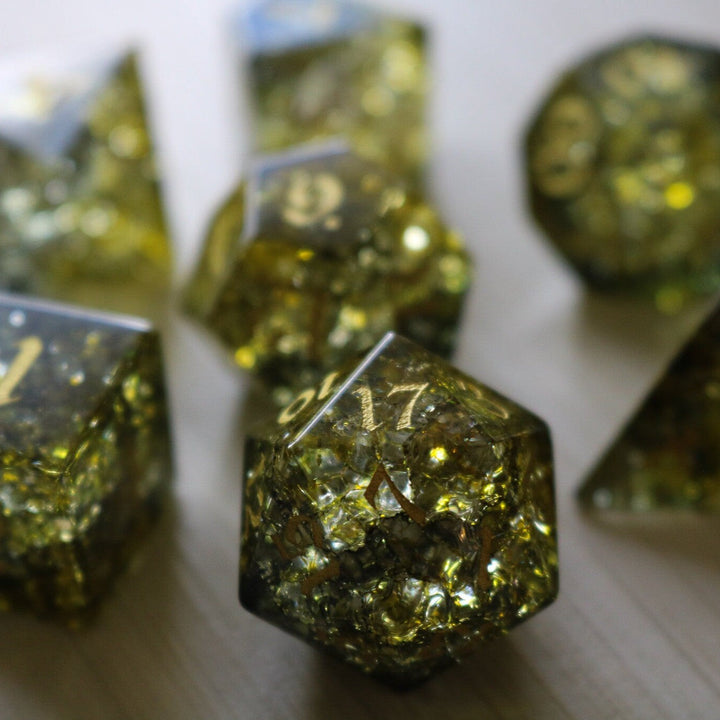 Dark Sun Forge Fire Glass Green And Yellow (And Box) Polyhedral Dice DND Set