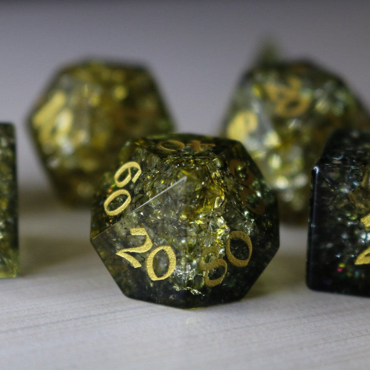 Dark Sun Forge Fire Glass Green And Yellow (And Box) Polyhedral Dice DND Set