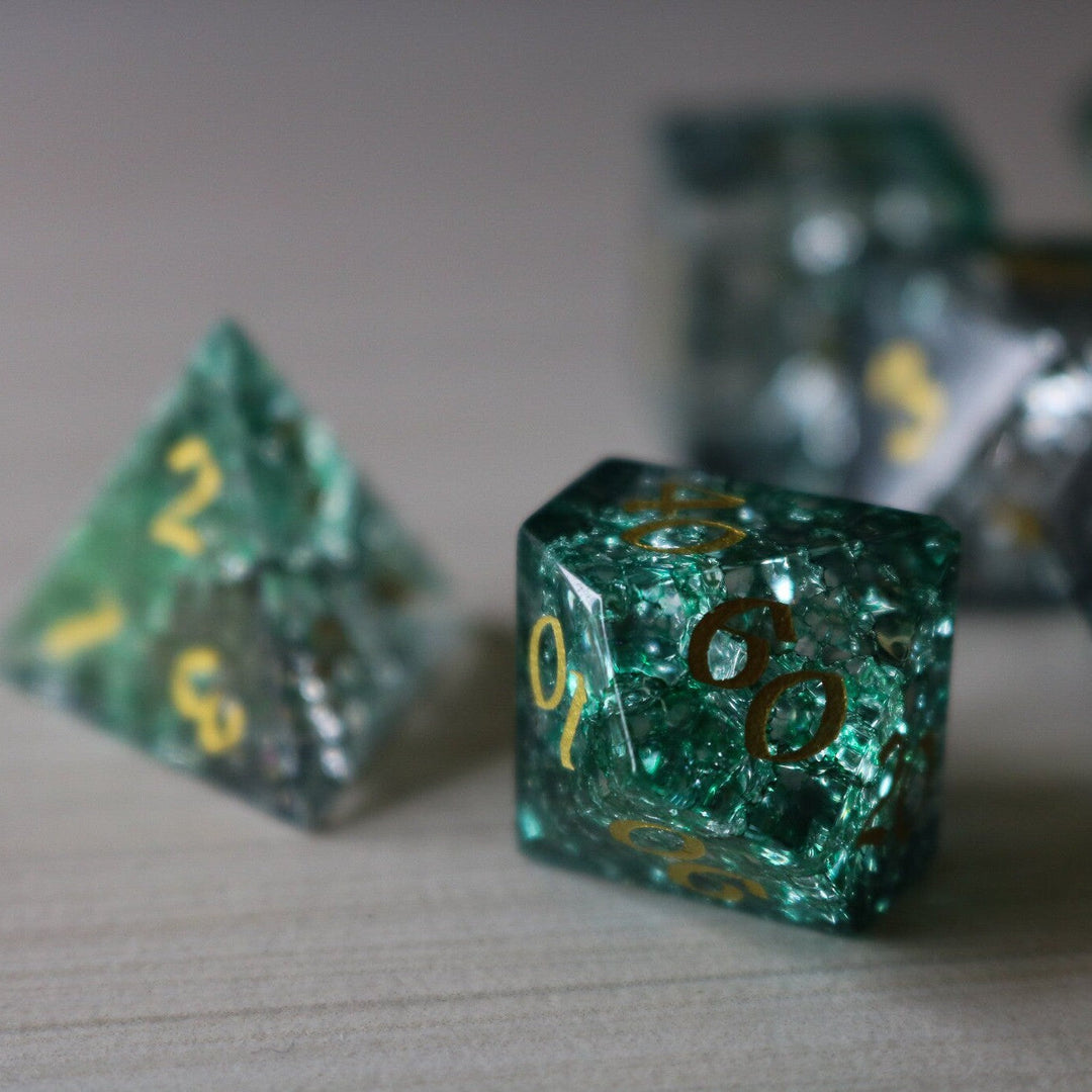 Elven Wood Green Forge Fire Glass (And Box) Polyhedral Dice DND Set - RPG Game DND