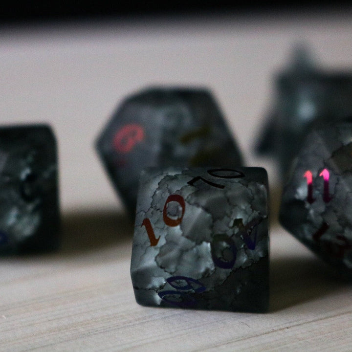 Black Inked Lightning Glass Cracked Glass (And Box) Polyhedral Dice DND Set