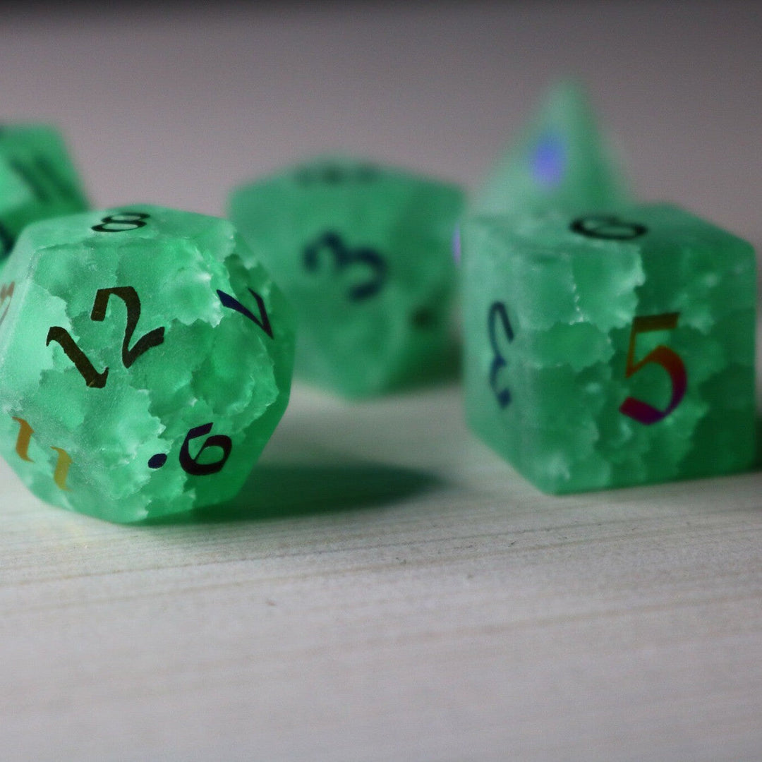 Green Mint Inked Lightning Glass Cracked Glass (And Box) Polyhedral Dice DND Set