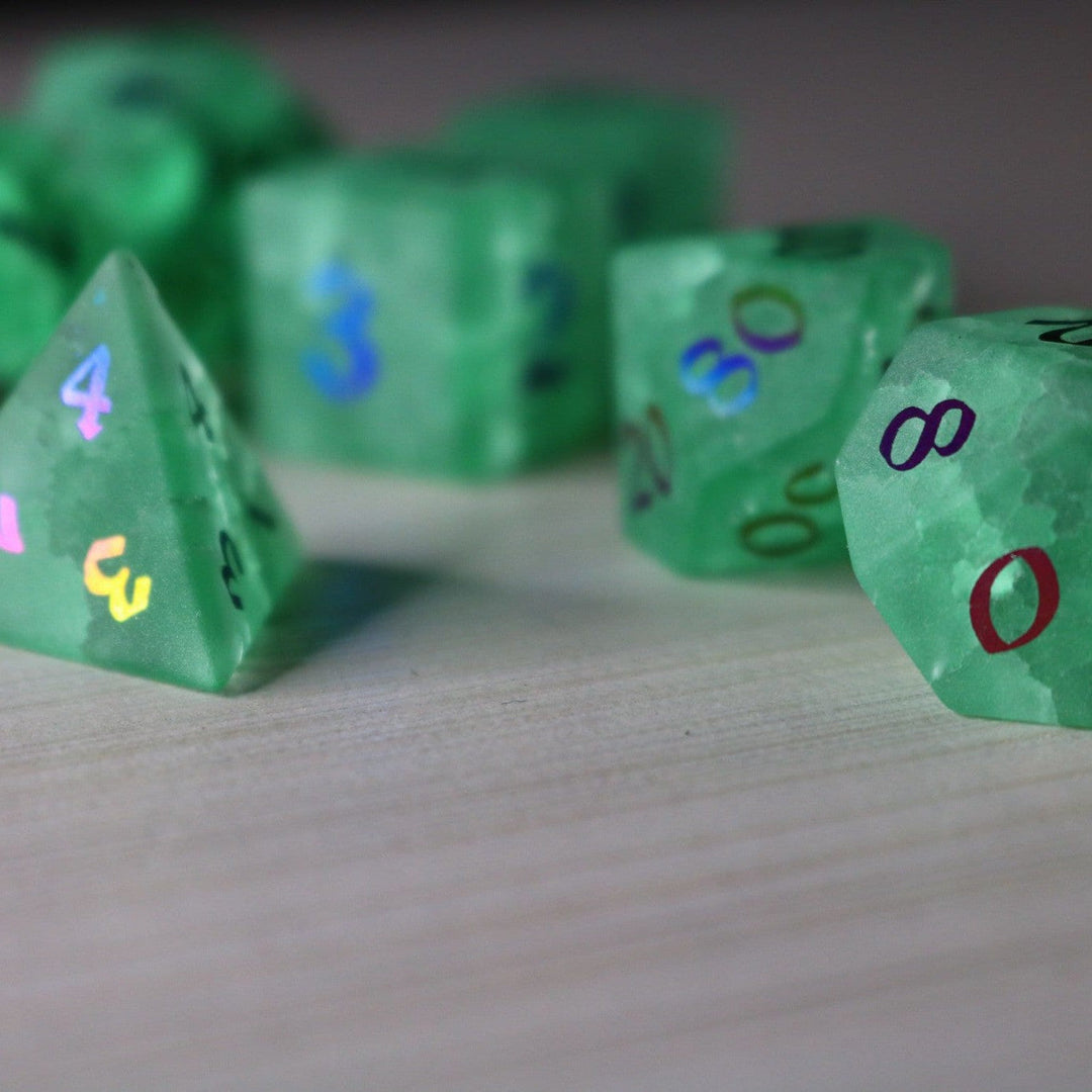 Green Mint Inked Lightning Glass Cracked Glass (And Box) Polyhedral Dice DND Set