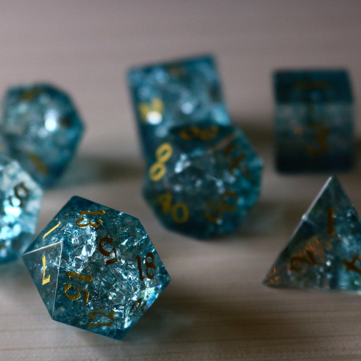 Ocean Forge Fire Glass Blue (And Box) Polyhedral Dice DND Set