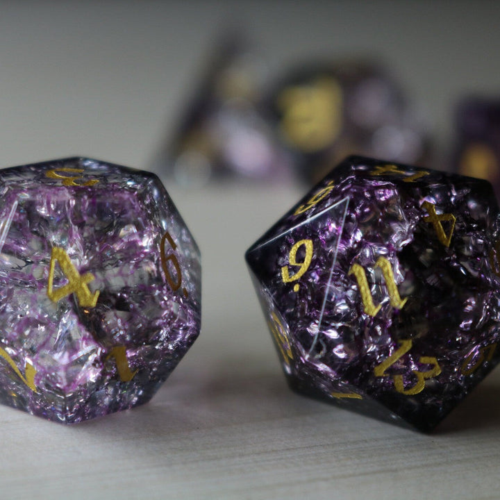 Purple Purge Forge Fire Glass (And Box) Polyhedral Dice DND Set