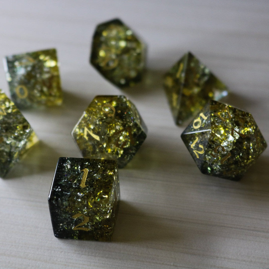 Dark Sun Forge Fire Glass Green And Yellow (And Box) Polyhedral Dice DND Set