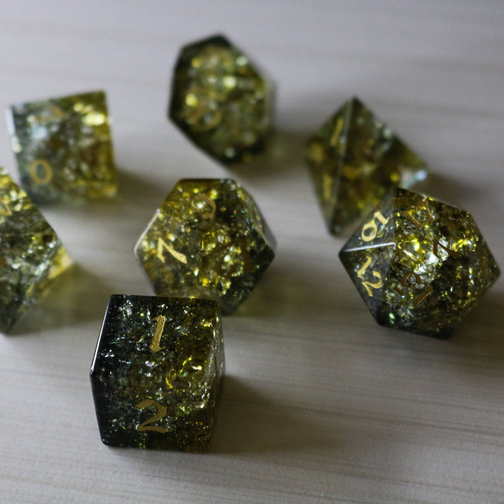 Dark Sun Forge Fire Glass Green And Yellow (And Box) Polyhedral Dice DND Set