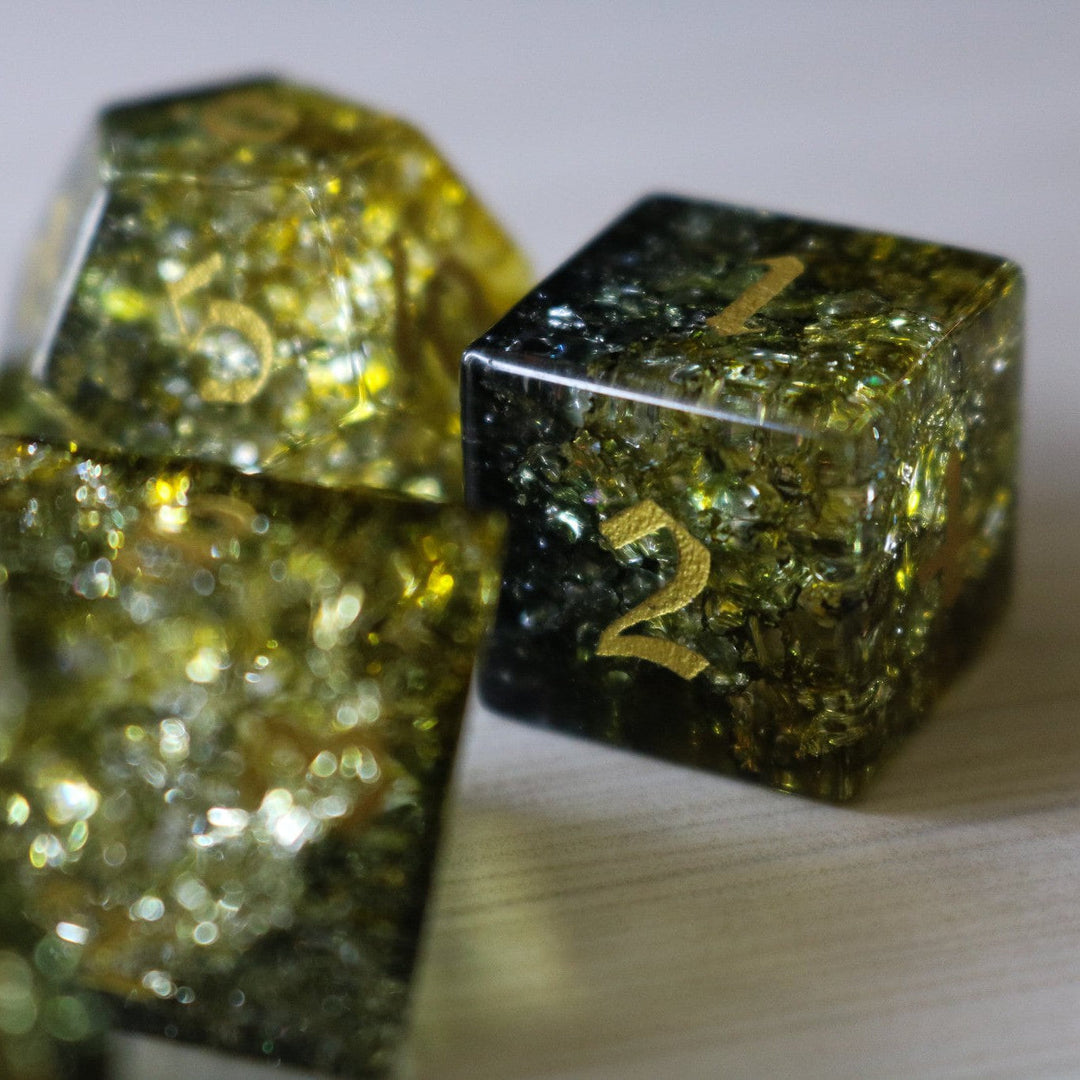 Dark Sun Forge Fire Glass Green And Yellow (And Box) Polyhedral Dice DND Set