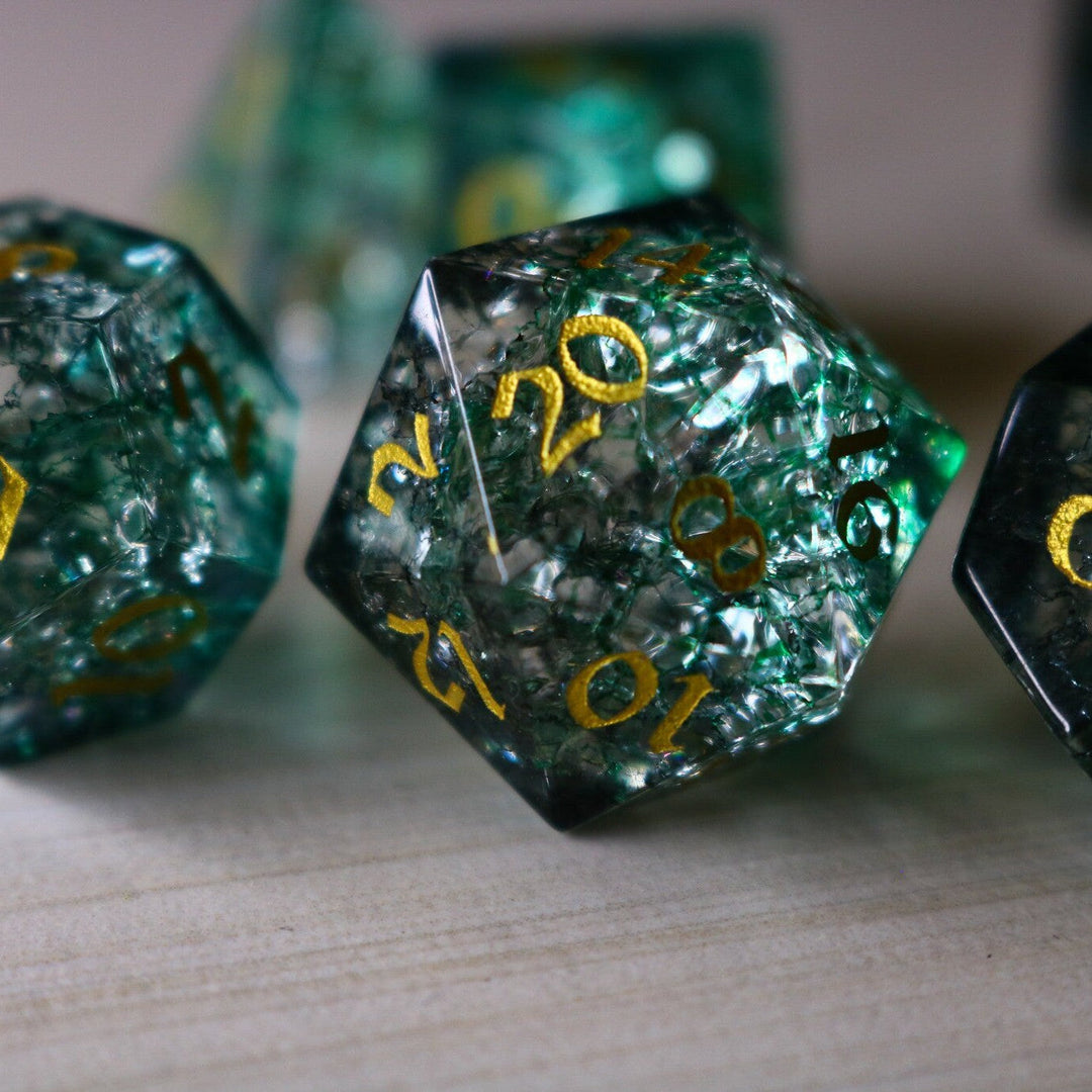 Elven Wood Green Forge Fire Glass (And Box) Polyhedral Dice DND Set - RPG Game DND