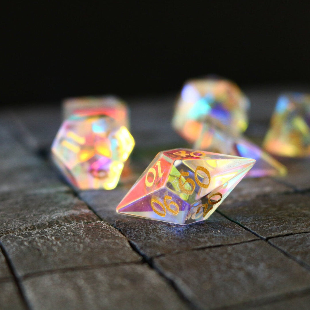 Gemstone Dichroic Glass Elven Cut Polyhedral Dice (With Box) DnD Set