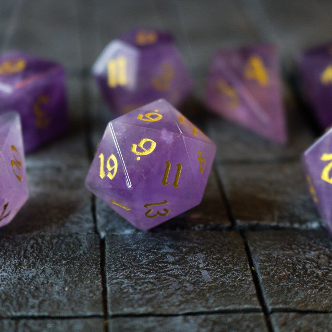 Gemstone Purple Amethyst Elven Cut Polyhedral Dice (With Box) DnD Set