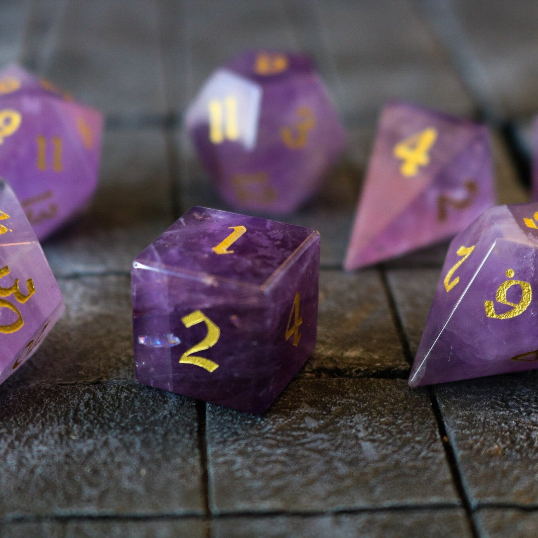 Gemstone Purple Amethyst Elven Cut Polyhedral Dice (With Box) DnD Set