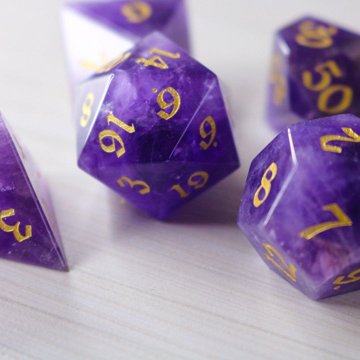 Purple Gemstone Amethyst Dice (With Box) Hand Carved Polyhedral Dice DND Set - Gift For Dnd, RPG Game