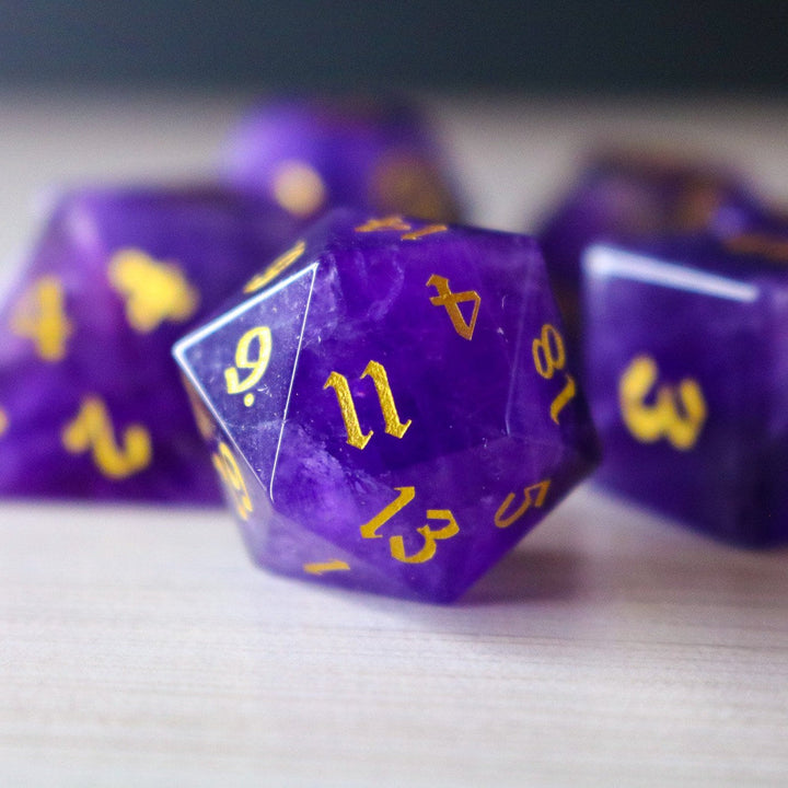 Purple Gemstone Amethyst Dice (With Box) Hand Carved Polyhedral Dice DND Set - Gift For Dnd, RPG Game