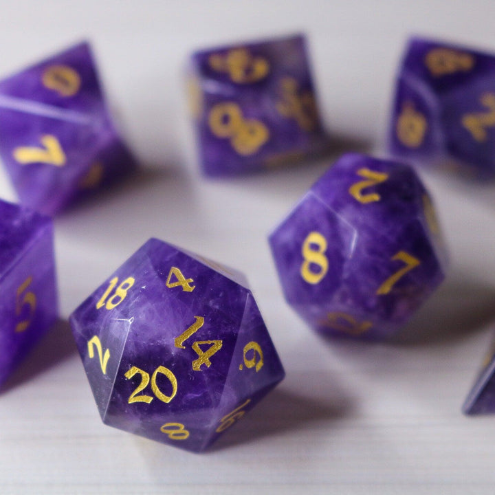 Purple Gemstone Amethyst Dice (With Box) Hand Carved Polyhedral Dice DND Set - Gift For Dnd, RPG Game