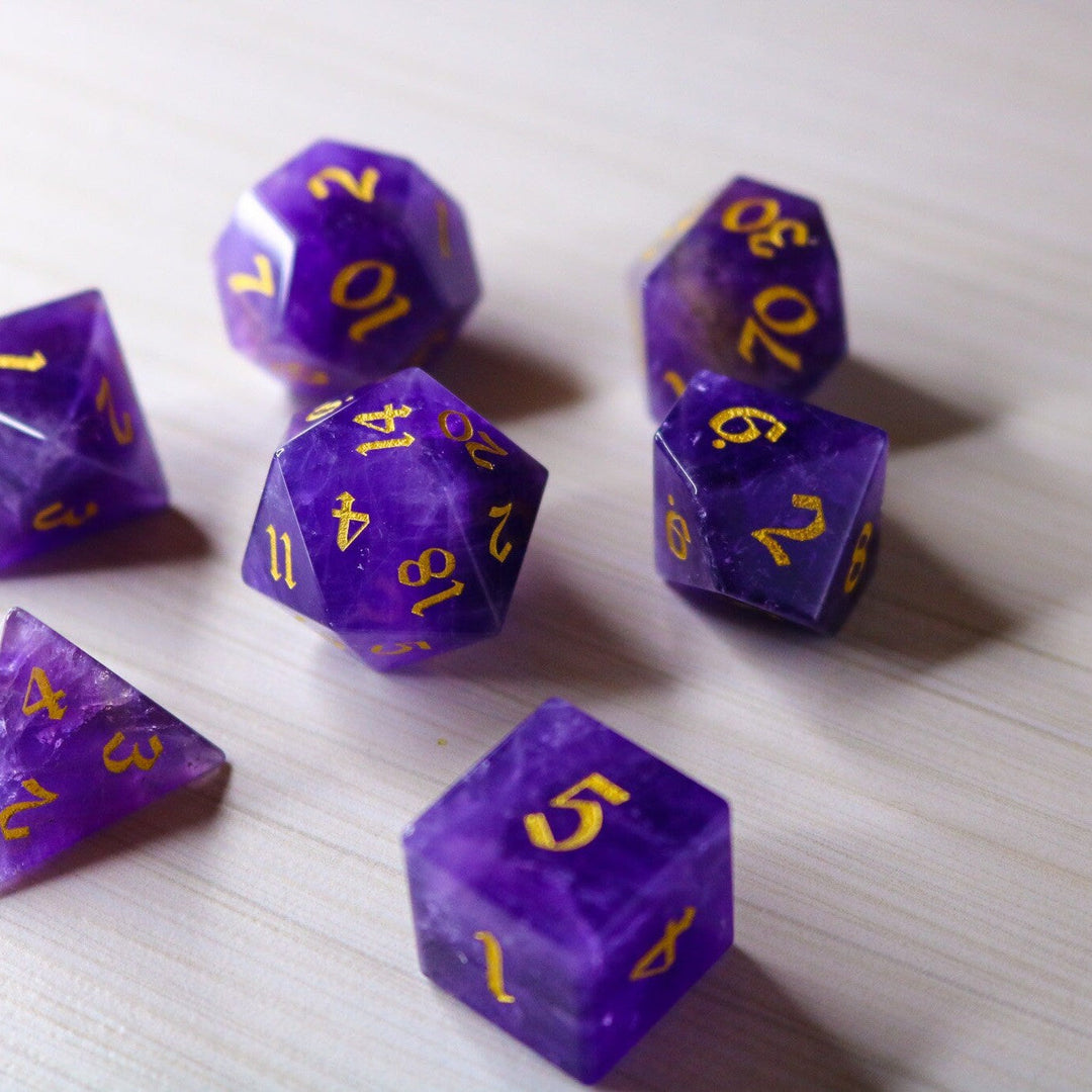 Purple Gemstone Amethyst Dice (With Box) Hand Carved Polyhedral Dice DND Set - Gift For Dnd, RPG Game