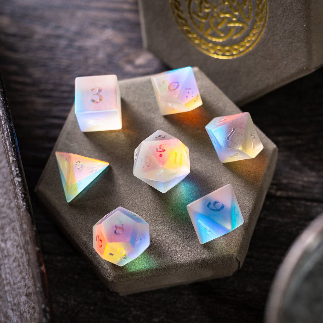 Gemstone Raised Dichroic Glass Polyhedral Dice (With Box) DND Dice Set