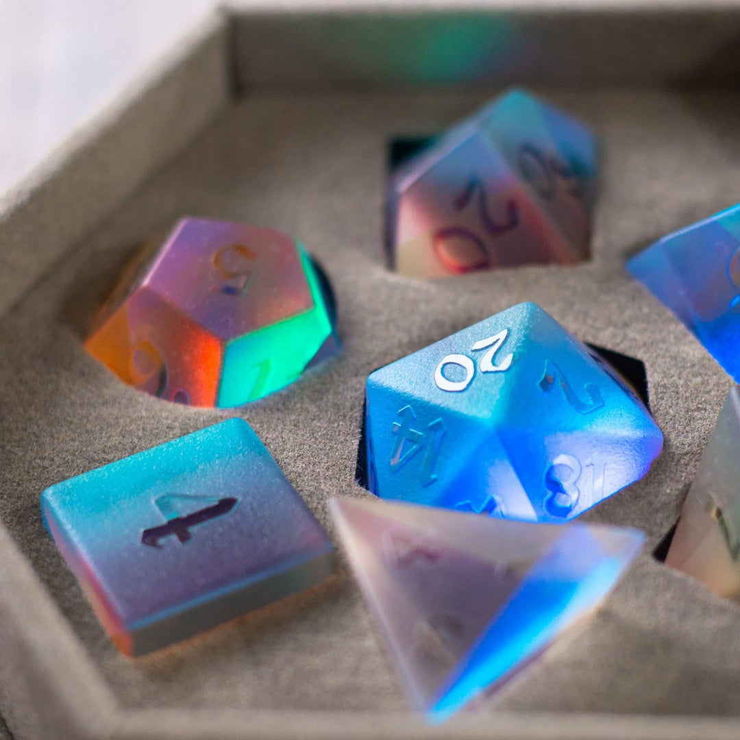 Gemstone Raised Dichroic Glass Polyhedral Dice (With Box) DND Dice Set