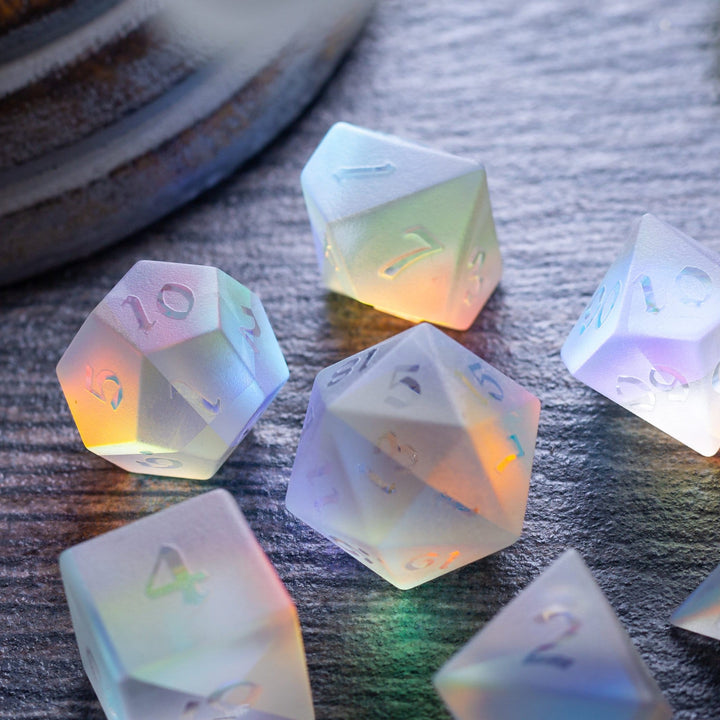 Gemstone Raised Dichroic Glass Polyhedral Dice (With Box) DND Dice Set